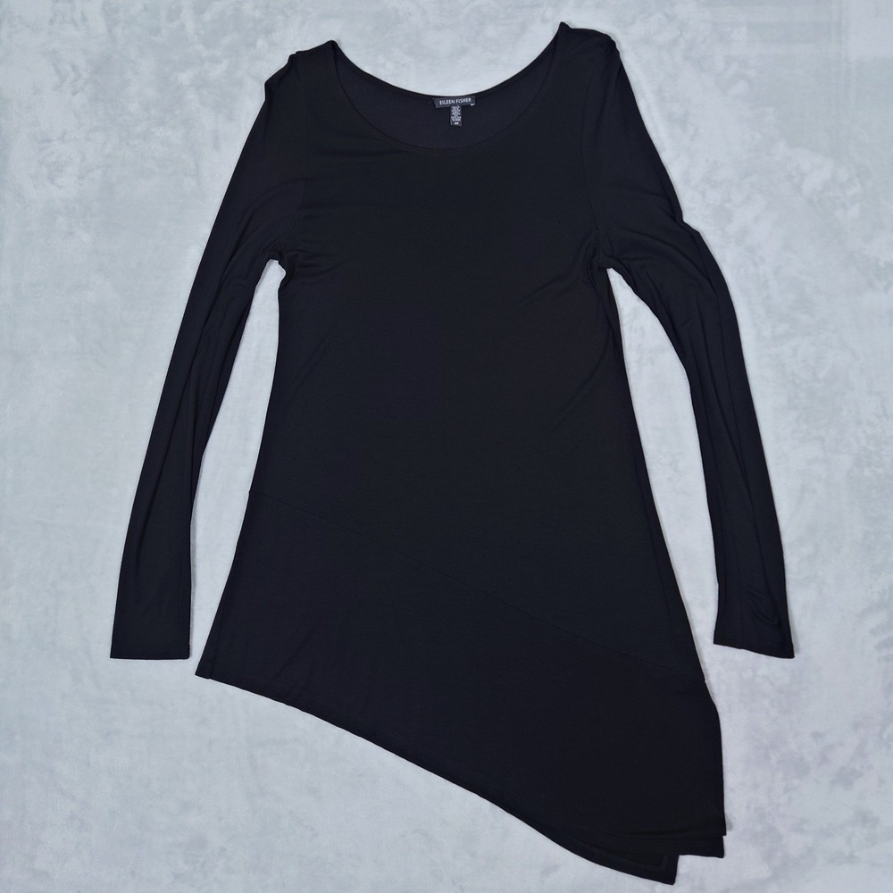 Eileen Fisher Tunic Womens S Black Bateau Neck Asymmetric Hem L/S Jersey Top